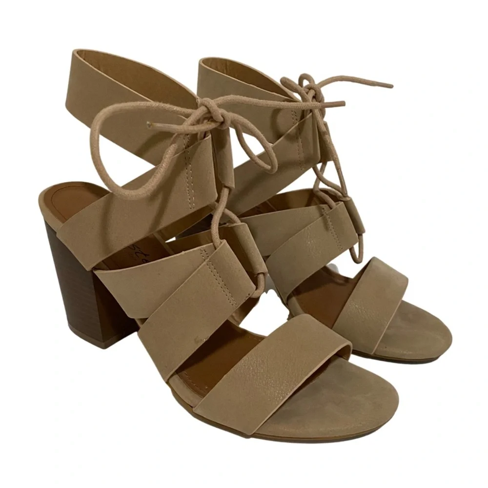 Faux Suede Tan and Brown lace up block heel sandals - Picture 2 of 9